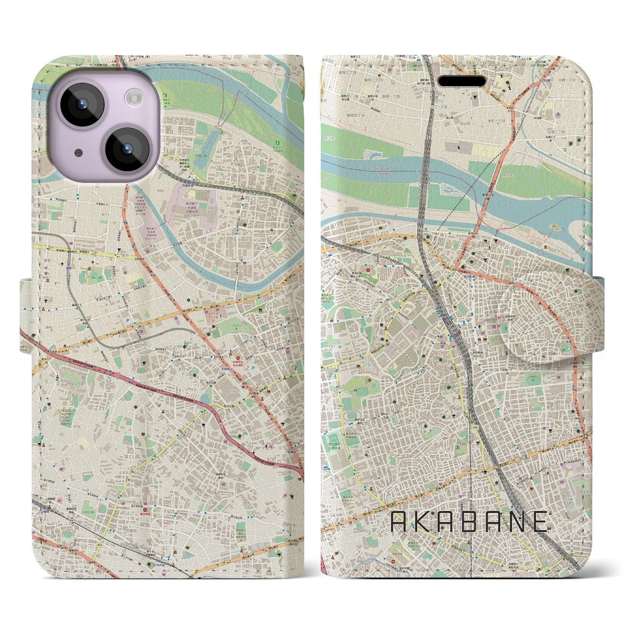 【赤羽】地図柄iPhoneケース（手帳両面タイプ・ナチュラル）iPhone 14 用