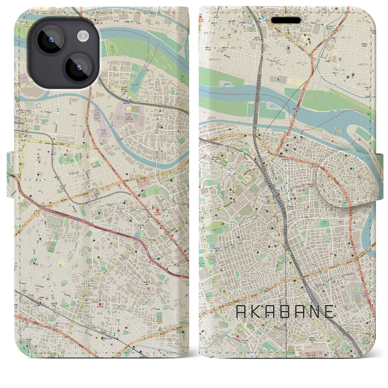 【赤羽】地図柄iPhoneケース（手帳両面タイプ・ナチュラル）iPhone 14 Plus 用