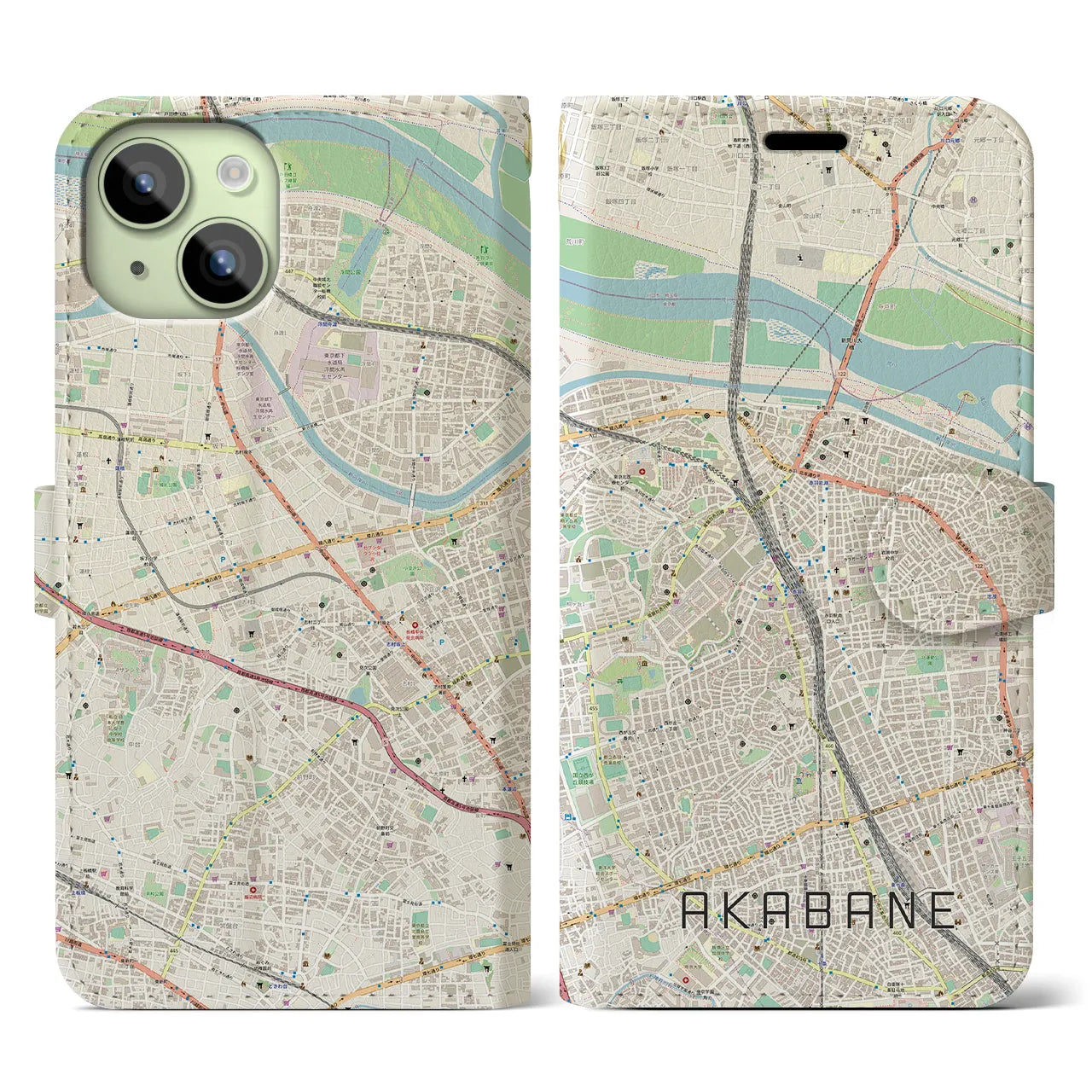 【赤羽】地図柄iPhoneケース（手帳両面タイプ・ナチュラル）iPhone 15 用