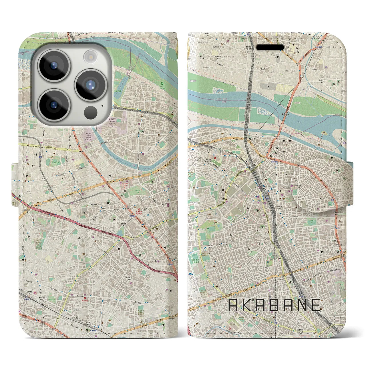【赤羽】地図柄iPhoneケース（手帳両面タイプ・ナチュラル）iPhone 15 Pro 用