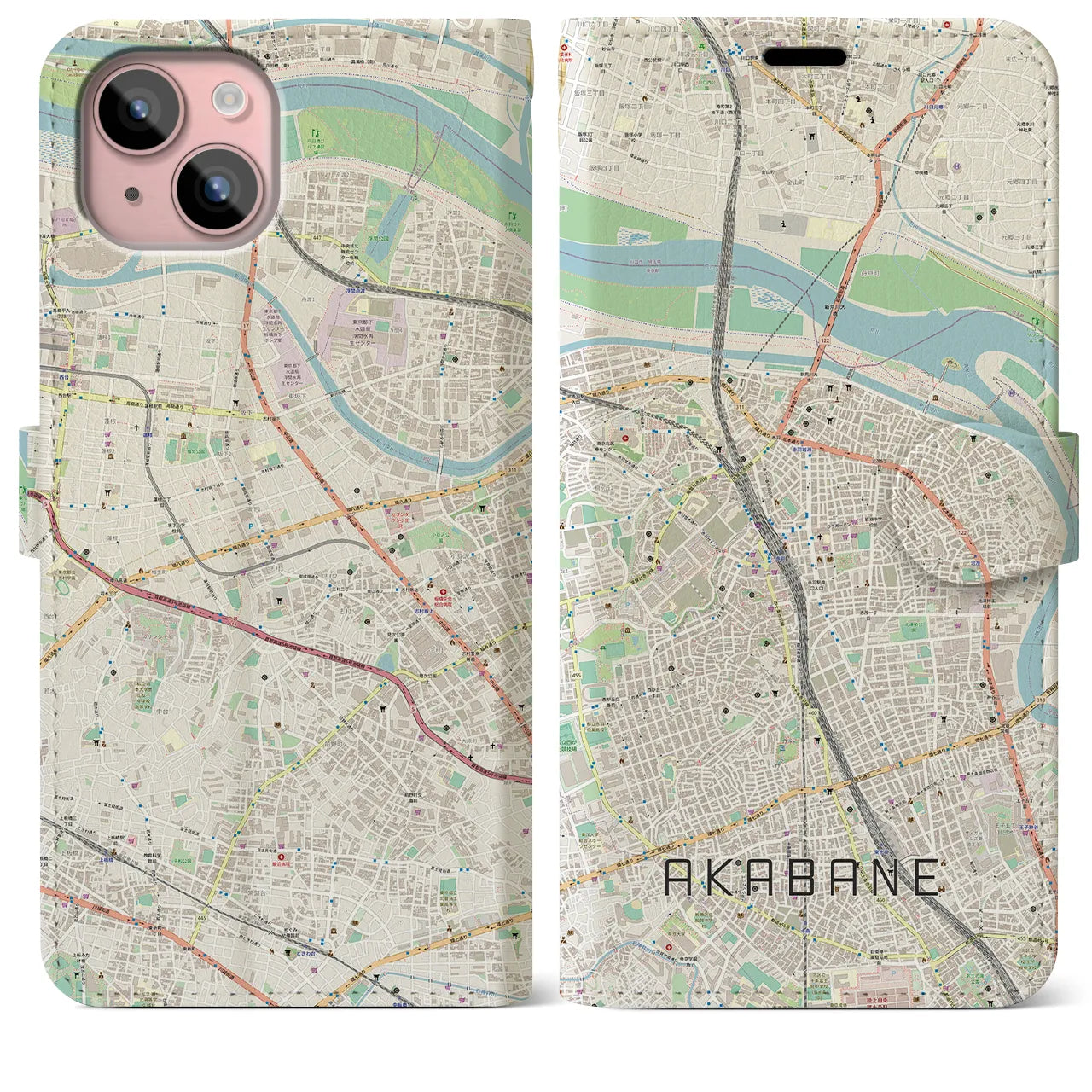 【赤羽】地図柄iPhoneケース（手帳両面タイプ・ナチュラル）iPhone 15 Plus 用