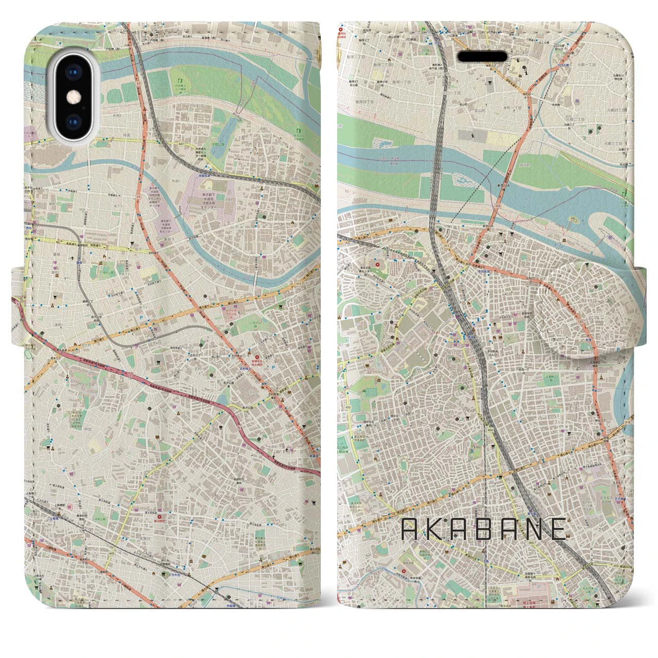 【赤羽】地図柄iPhoneケース（手帳両面タイプ・ナチュラル）iPhone XS Max 用
