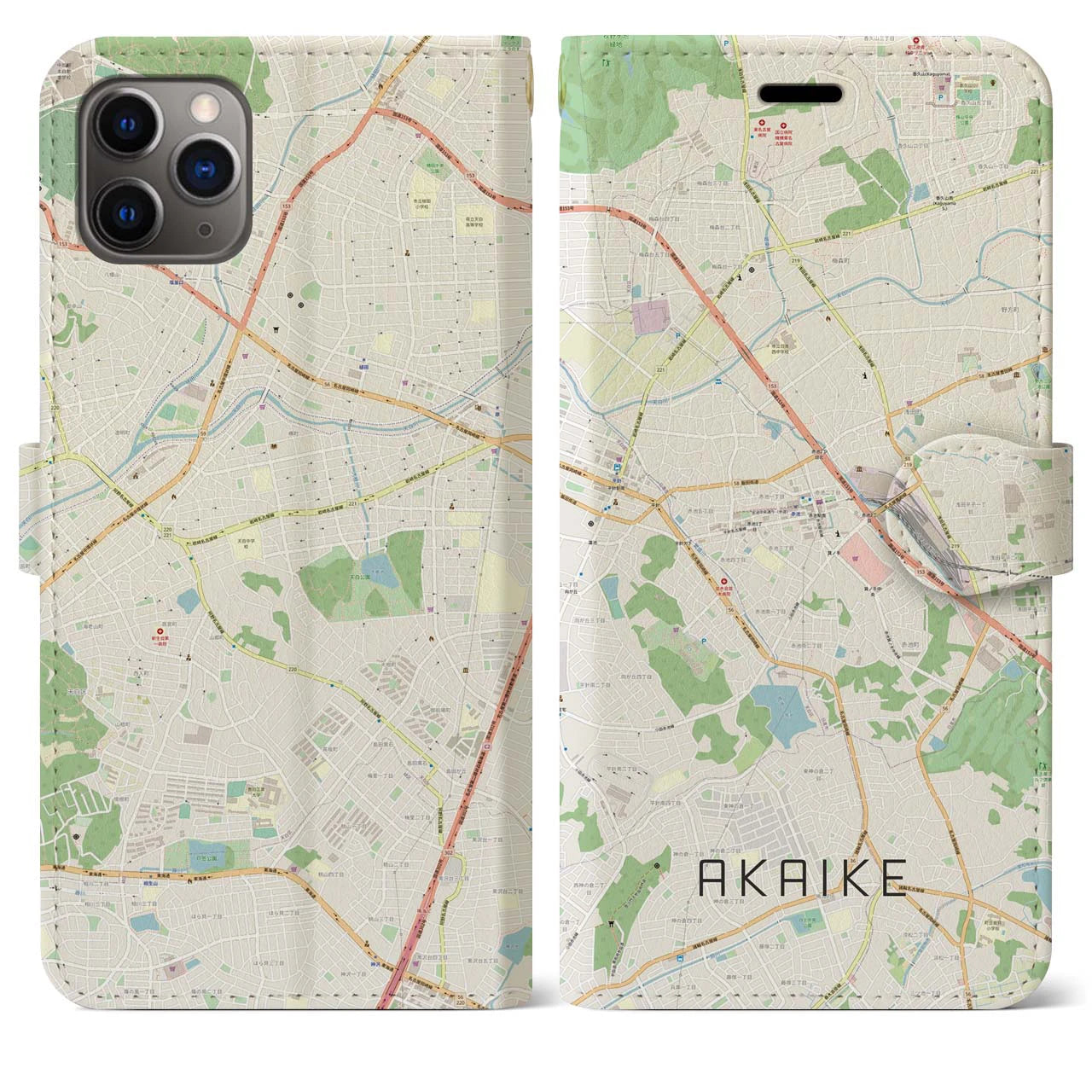 【赤池】地図柄iPhoneケース（手帳両面タイプ・ナチュラル）iPhone 11 Pro Max 用