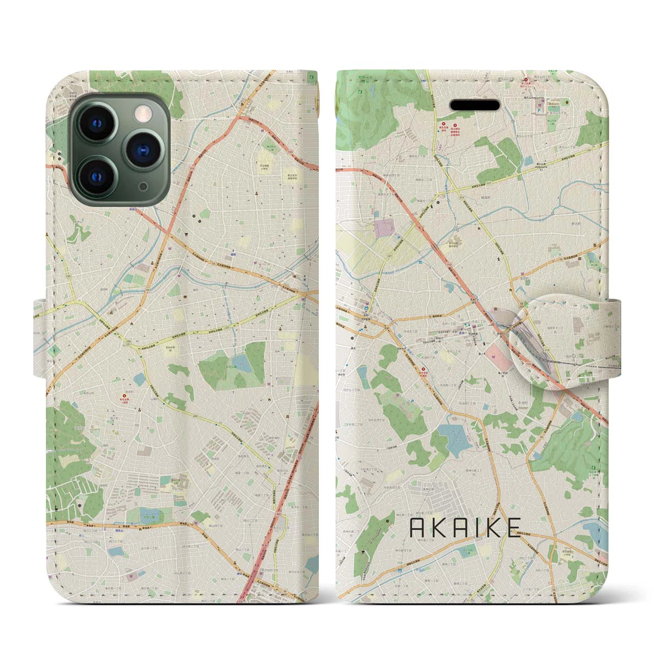 【赤池】地図柄iPhoneケース（手帳両面タイプ・ナチュラル）iPhone 11 Pro 用