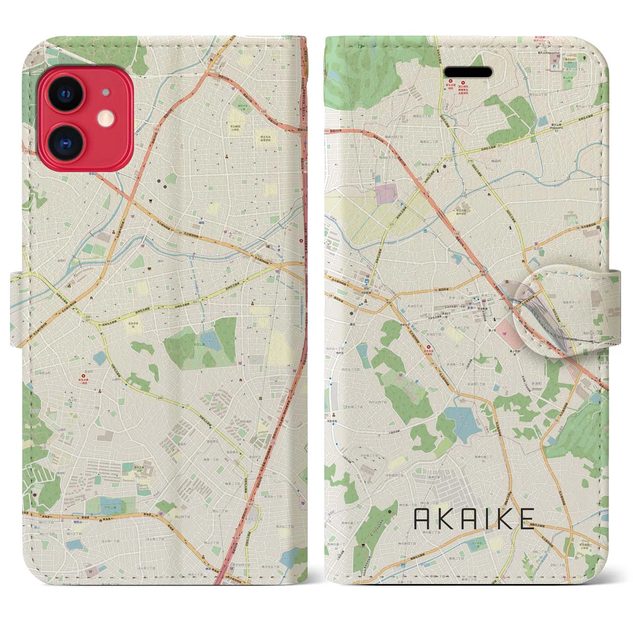 【赤池】地図柄iPhoneケース（手帳両面タイプ・ナチュラル）iPhone 11 用