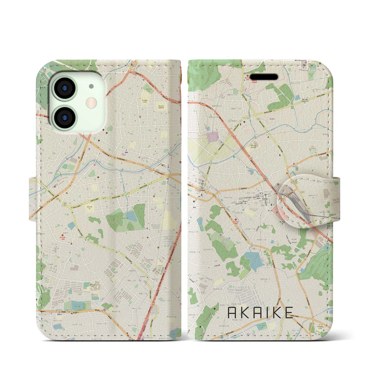 【赤池】地図柄iPhoneケース（手帳両面タイプ・ナチュラル）iPhone 12 mini 用