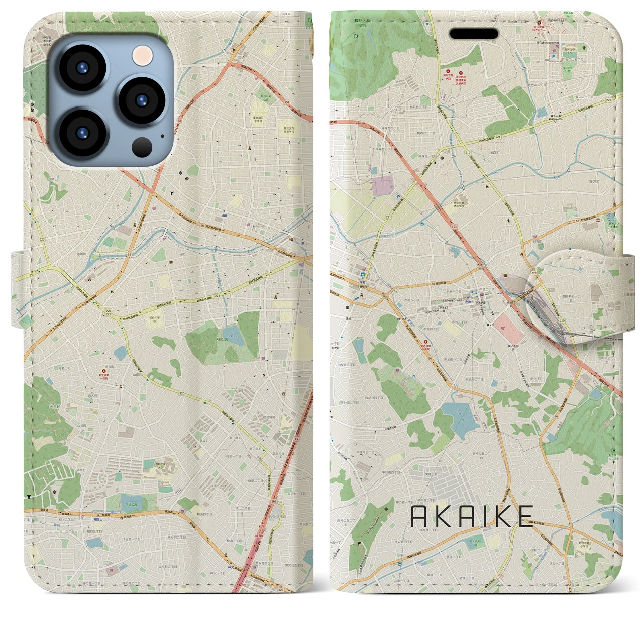 【赤池】地図柄iPhoneケース（手帳両面タイプ・ナチュラル）iPhone 13 Pro Max 用