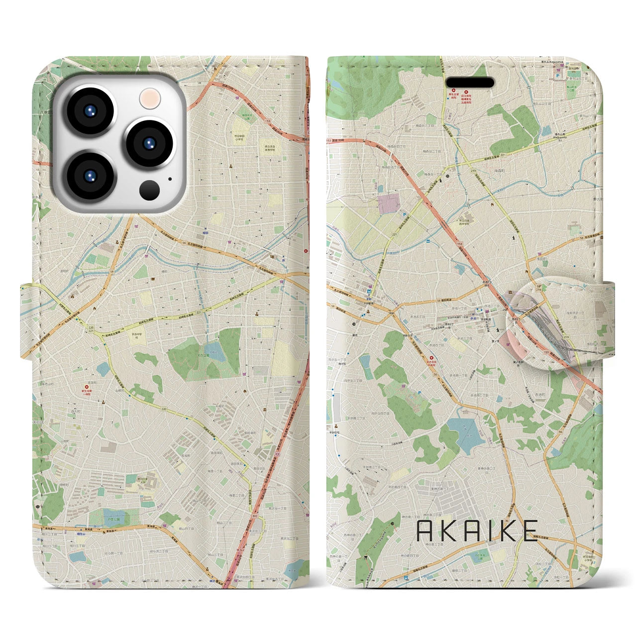 【赤池】地図柄iPhoneケース（手帳両面タイプ・ナチュラル）iPhone 13 Pro 用