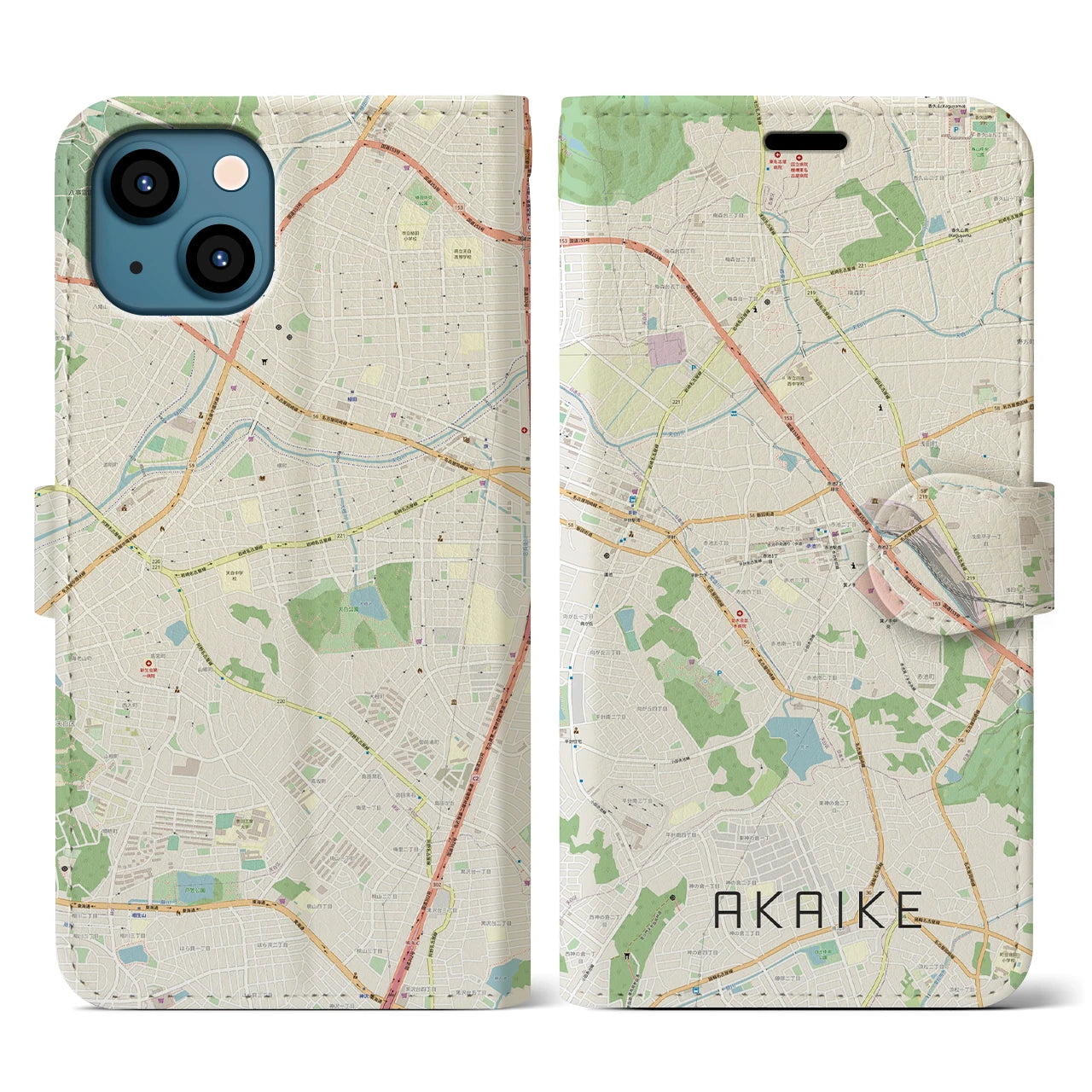 【赤池】地図柄iPhoneケース（手帳両面タイプ・ナチュラル）iPhone 13 用