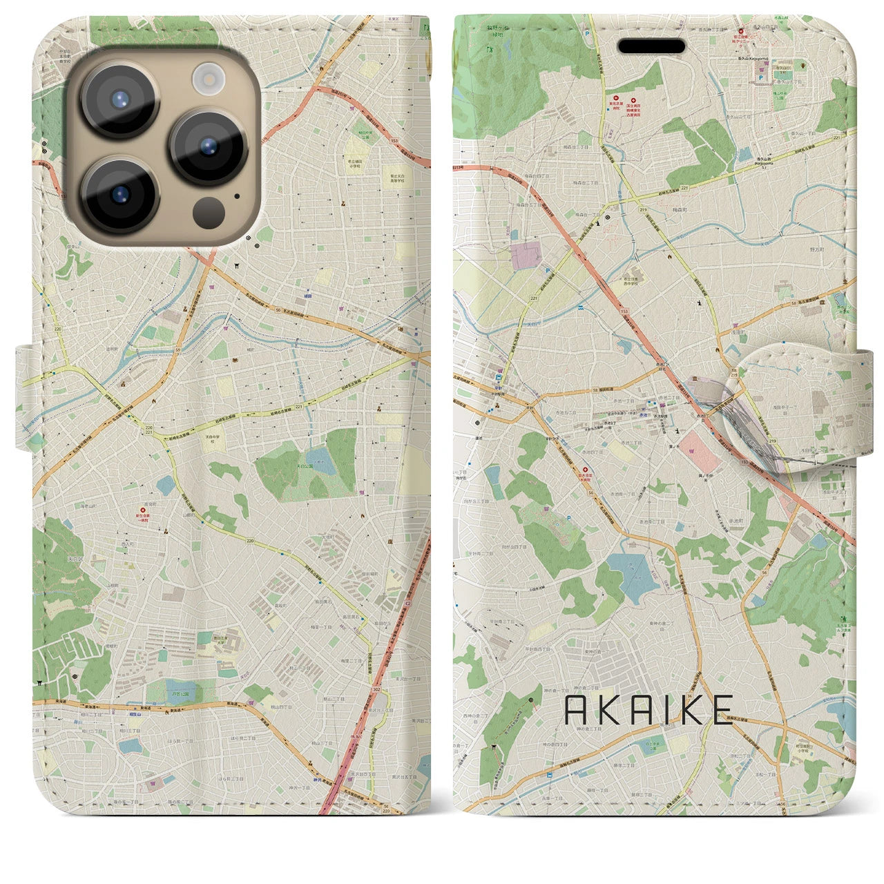 【赤池】地図柄iPhoneケース（手帳両面タイプ・ナチュラル）iPhone 14 Pro Max 用