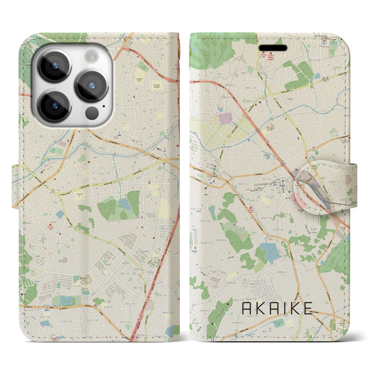 【赤池】地図柄iPhoneケース（手帳両面タイプ・ナチュラル）iPhone 14 Pro 用