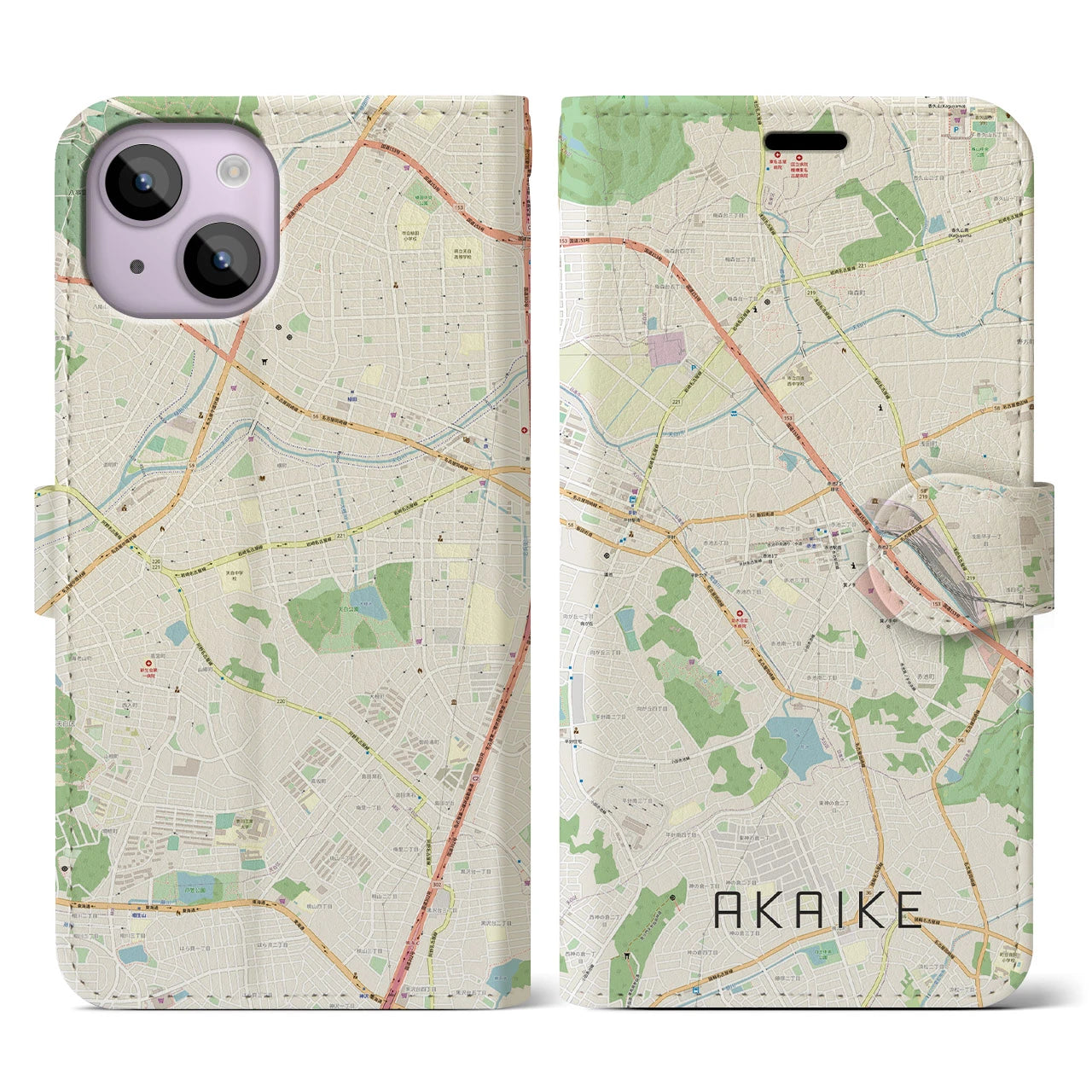 【赤池】地図柄iPhoneケース（手帳両面タイプ・ナチュラル）iPhone 14 用