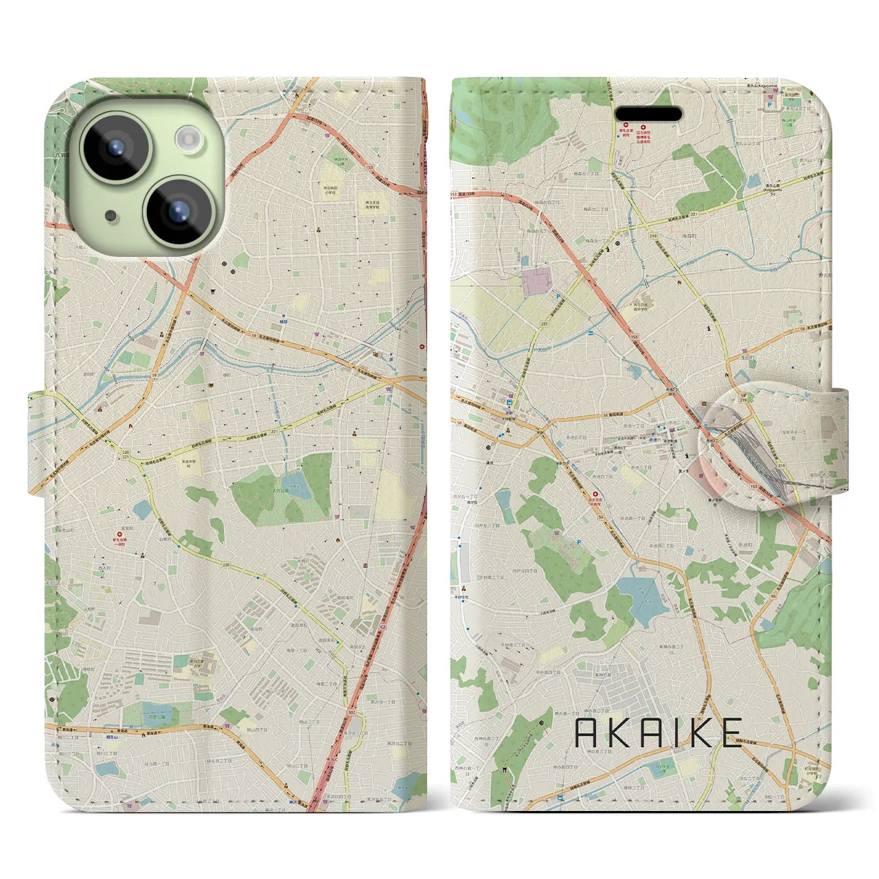 【赤池】地図柄iPhoneケース（手帳両面タイプ・ナチュラル）iPhone 15 用