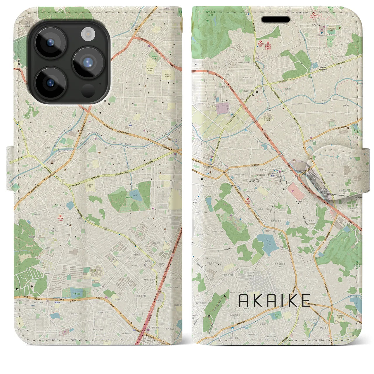 【赤池】地図柄iPhoneケース（手帳両面タイプ・ナチュラル）iPhone 15 Pro Max 用