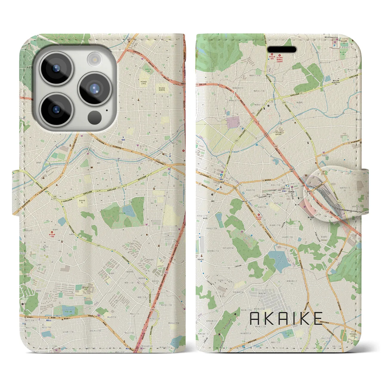 【赤池】地図柄iPhoneケース（手帳両面タイプ・ナチュラル）iPhone 15 Pro 用