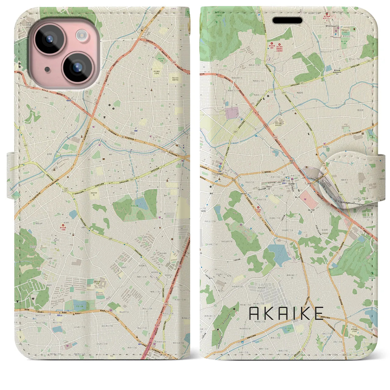 【赤池】地図柄iPhoneケース（手帳両面タイプ・ナチュラル）iPhone 15 Plus 用