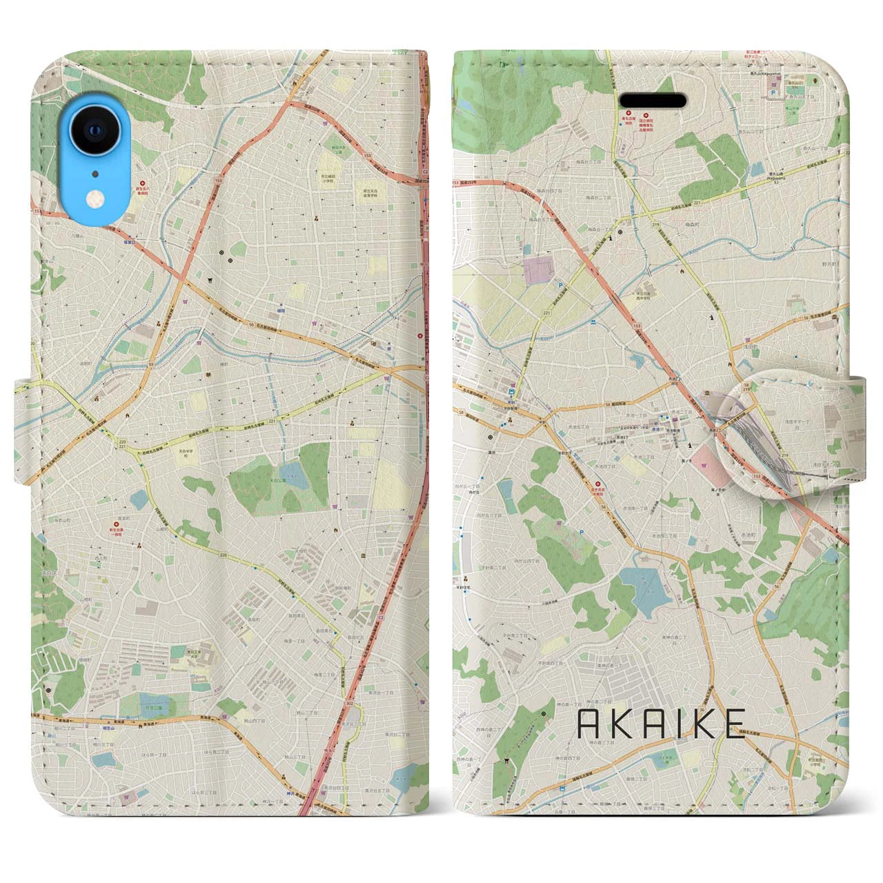 【赤池】地図柄iPhoneケース（手帳両面タイプ・ナチュラル）iPhone XR 用