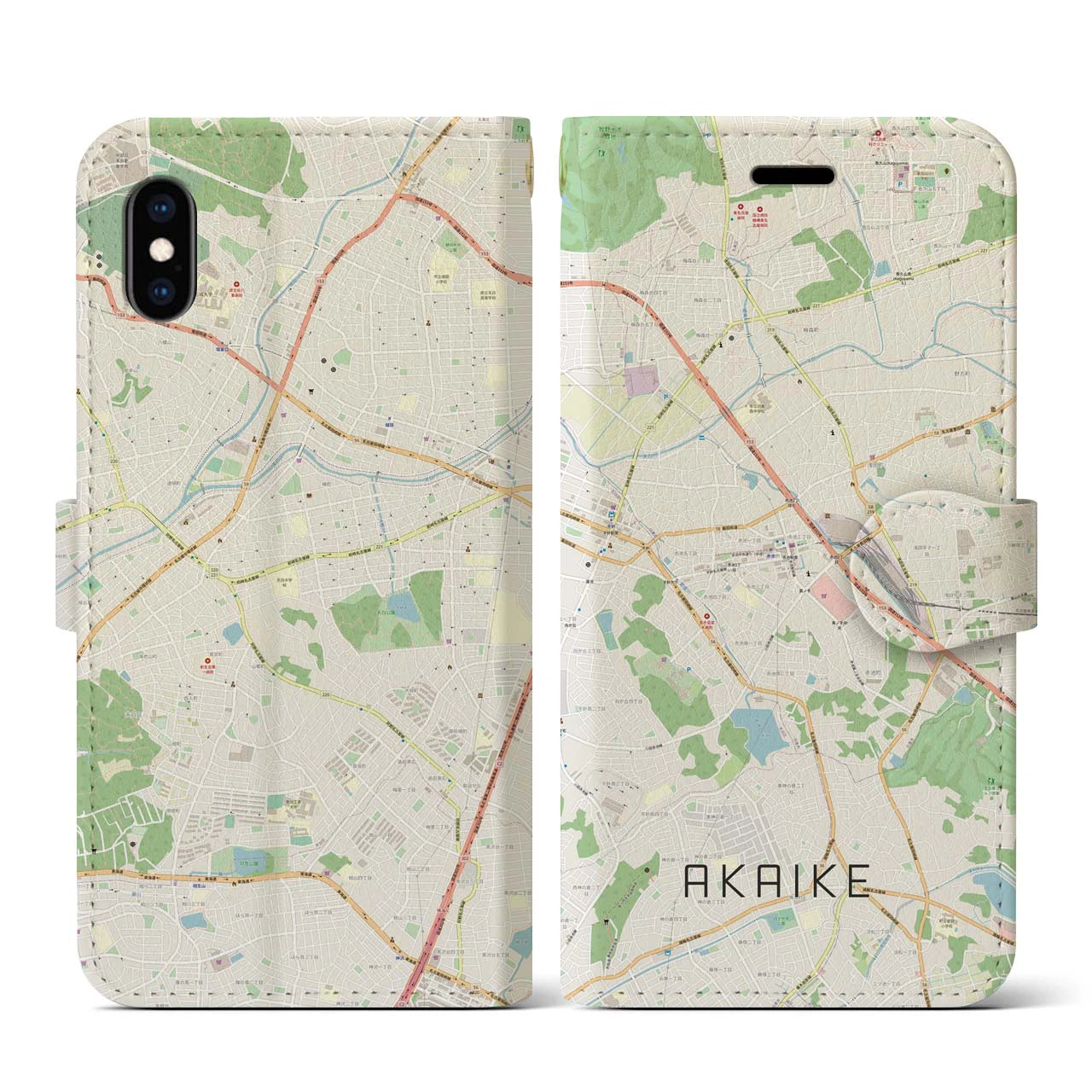 【赤池】地図柄iPhoneケース（手帳両面タイプ・ナチュラル）iPhone XS / X 用