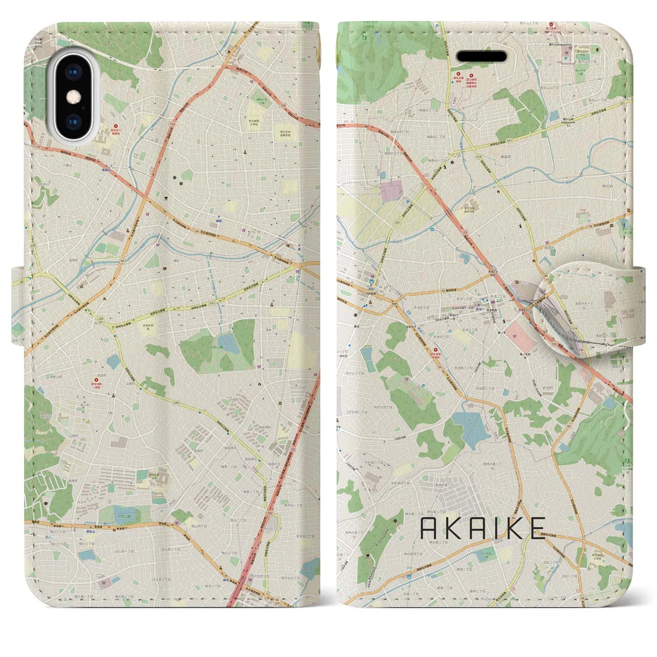 【赤池】地図柄iPhoneケース（手帳両面タイプ・ナチュラル）iPhone XS Max 用