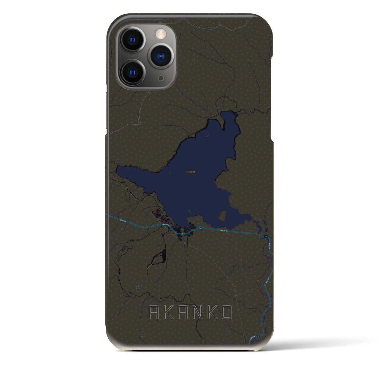 【阿寒湖】地図柄iPhoneケース（バックカバータイプ・ブラック）iPhone 11 Pro Max 用