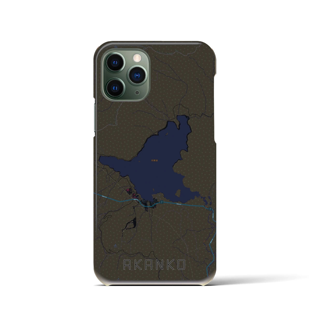 【阿寒湖】地図柄iPhoneケース（バックカバータイプ・ブラック）iPhone 11 Pro 用