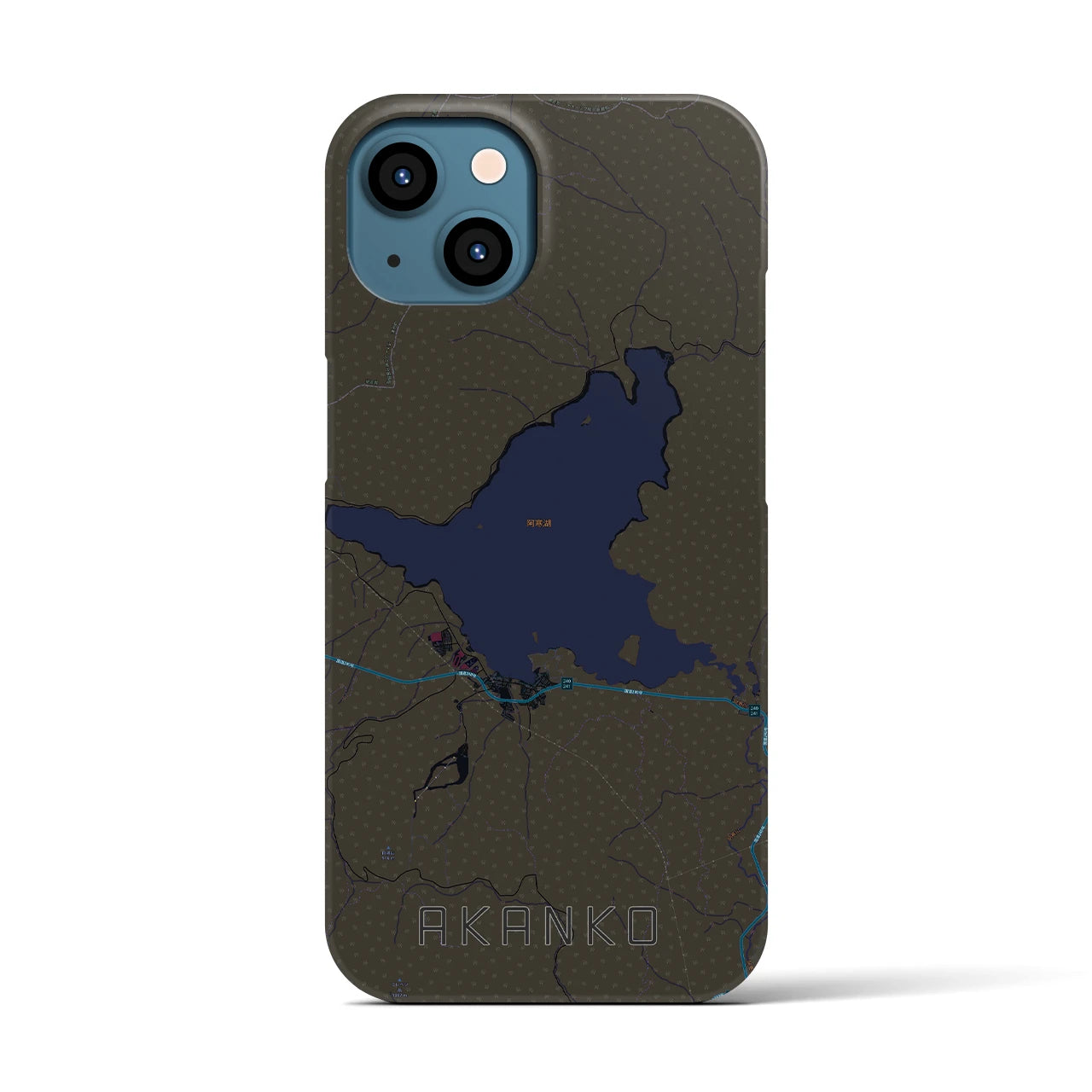 【阿寒湖】地図柄iPhoneケース（バックカバータイプ・ブラック）iPhone 13 用