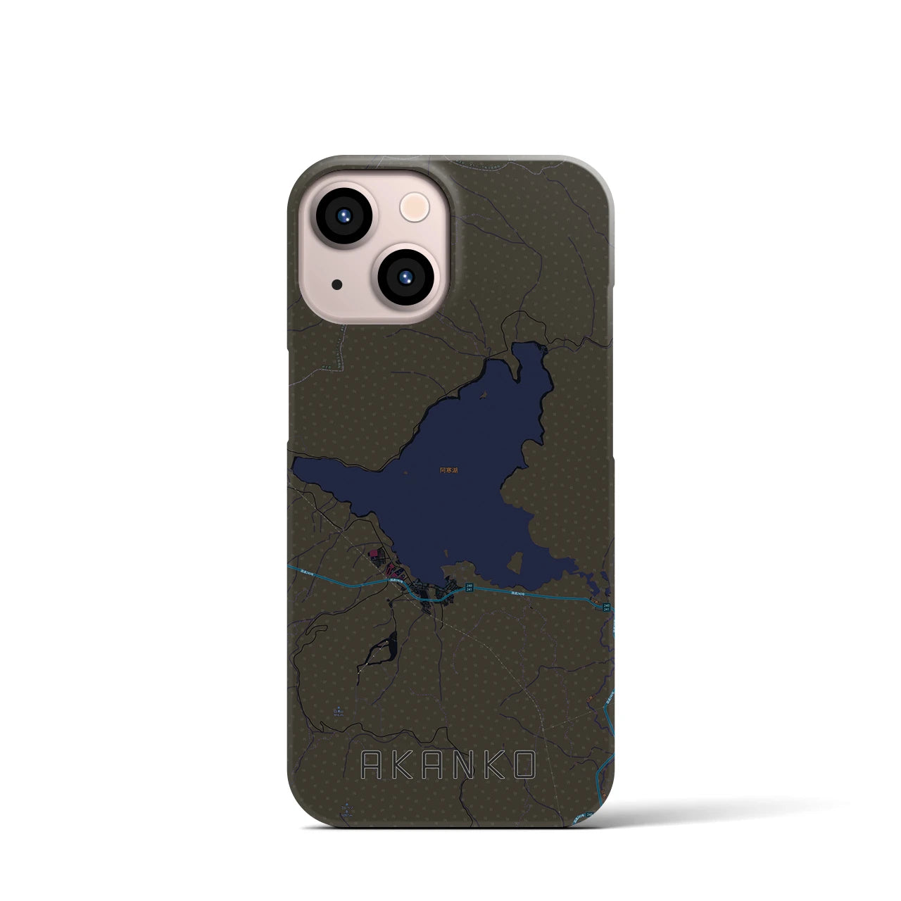 【阿寒湖】地図柄iPhoneケース（バックカバータイプ・ブラック）iPhone 13 mini 用