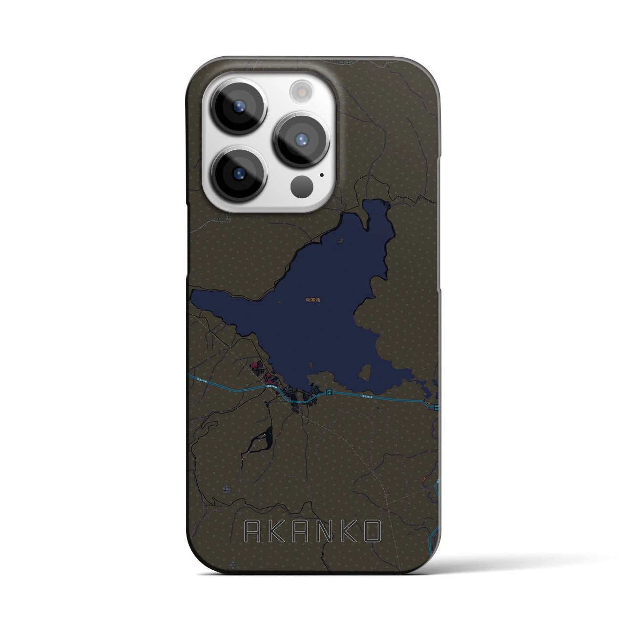 【阿寒湖】地図柄iPhoneケース（バックカバータイプ・ブラック）iPhone 14 Pro 用