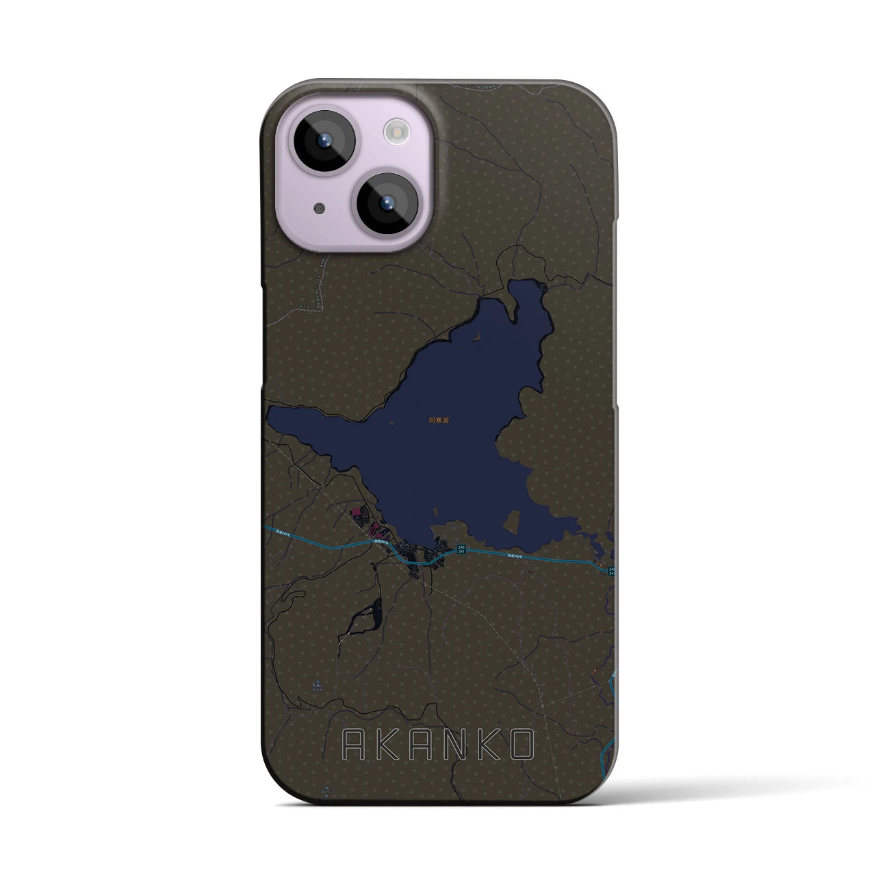 【阿寒湖】地図柄iPhoneケース（バックカバータイプ・ブラック）iPhone 14 用