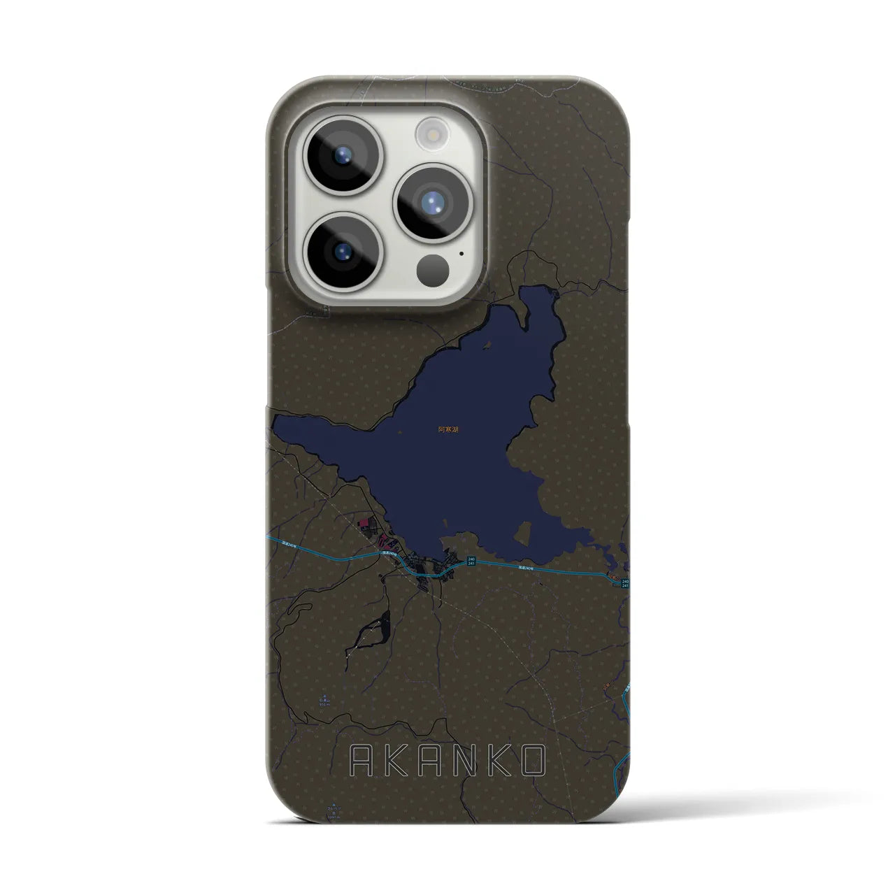 【阿寒湖】地図柄iPhoneケース（バックカバータイプ・ブラック）iPhone 15 Pro 用