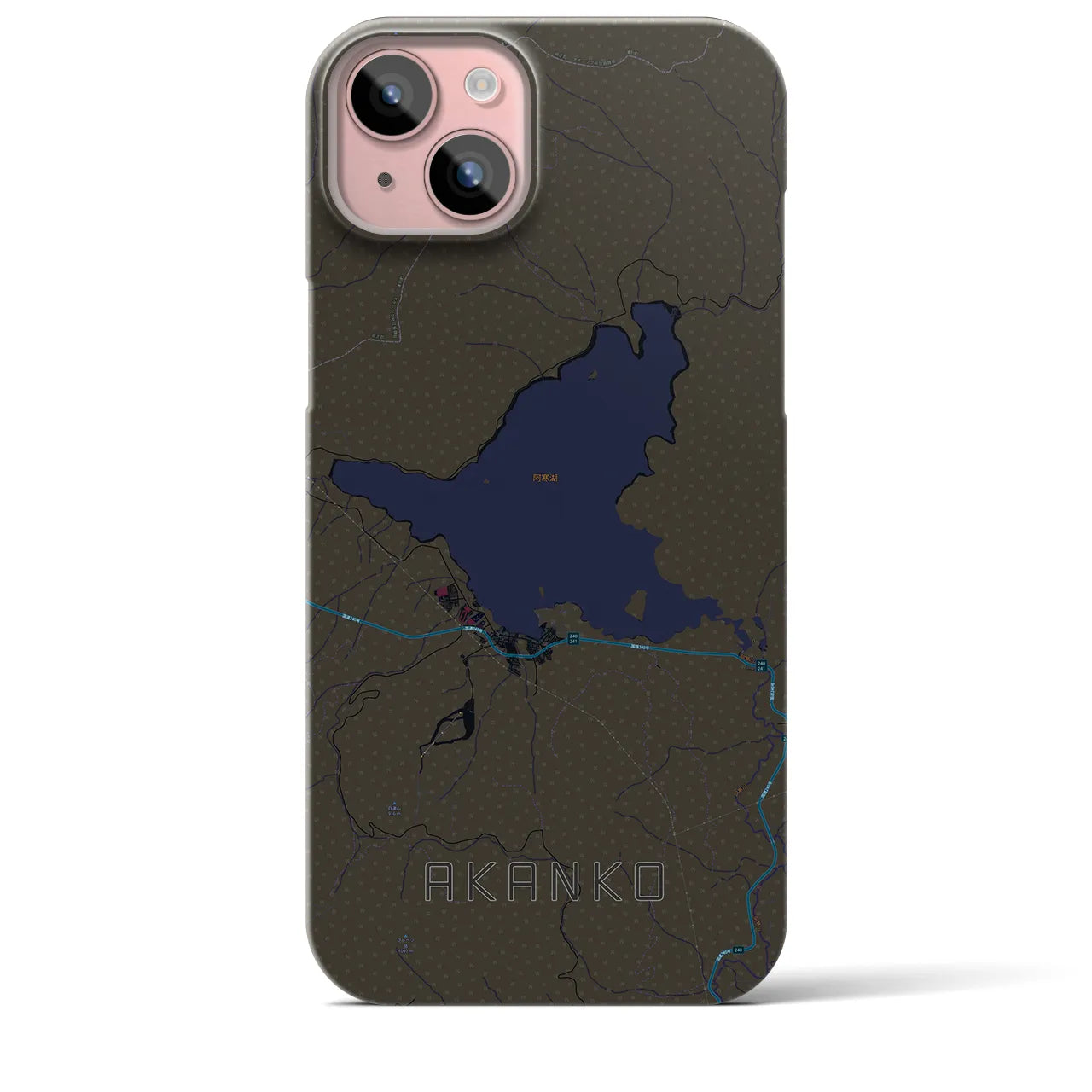 【阿寒湖】地図柄iPhoneケース（バックカバータイプ・ブラック）iPhone 15 Plus 用