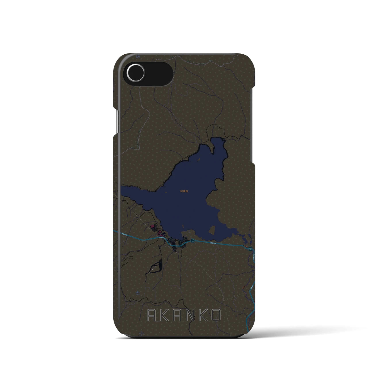 【阿寒湖】地図柄iPhoneケース（バックカバータイプ・ブラック）iPhone SE（第3 / 第2世代） / 8 / 7 / 6s / 6 用