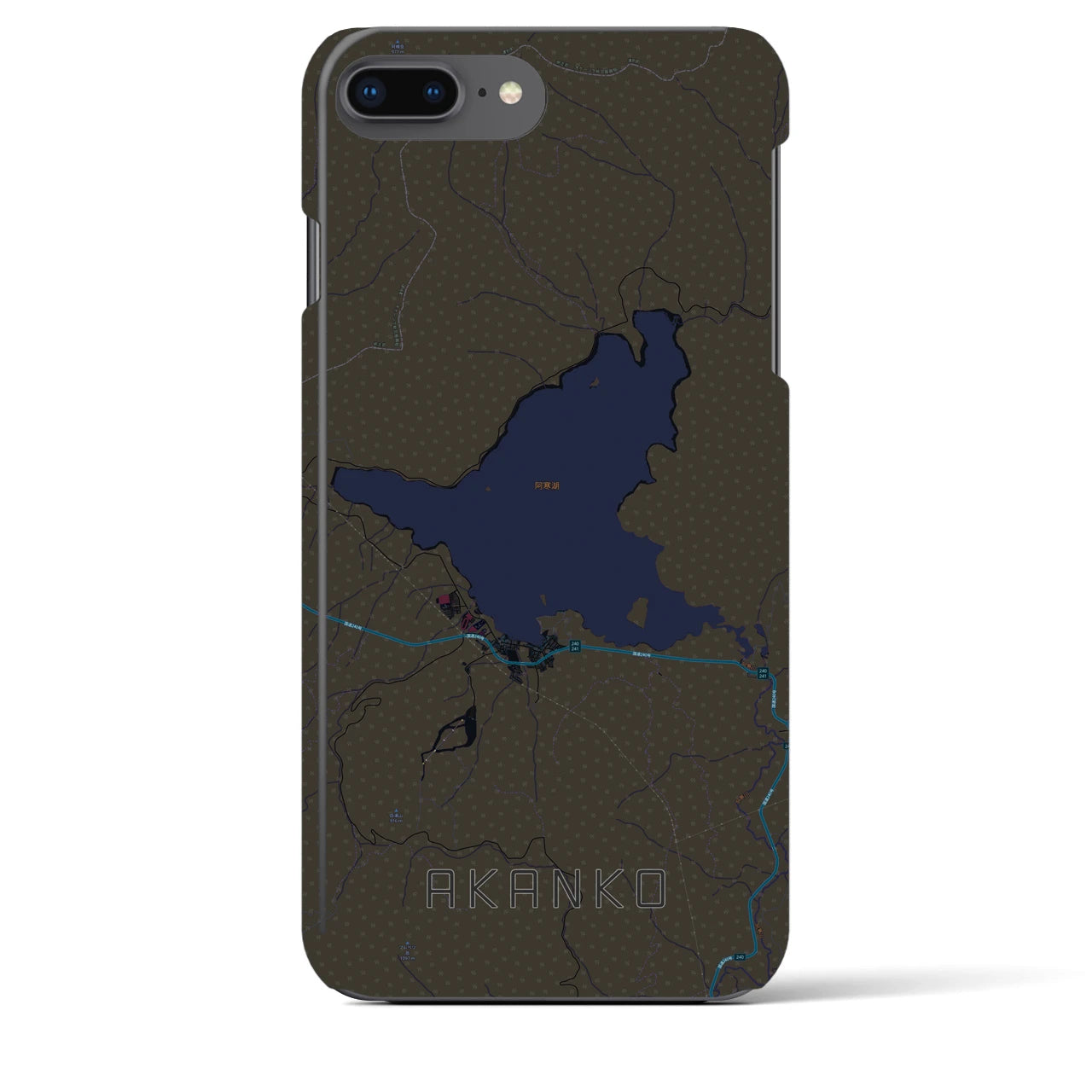 【阿寒湖】地図柄iPhoneケース（バックカバータイプ・ブラック）iPhone 8Plus /7Plus / 6sPlus / 6Plus 用