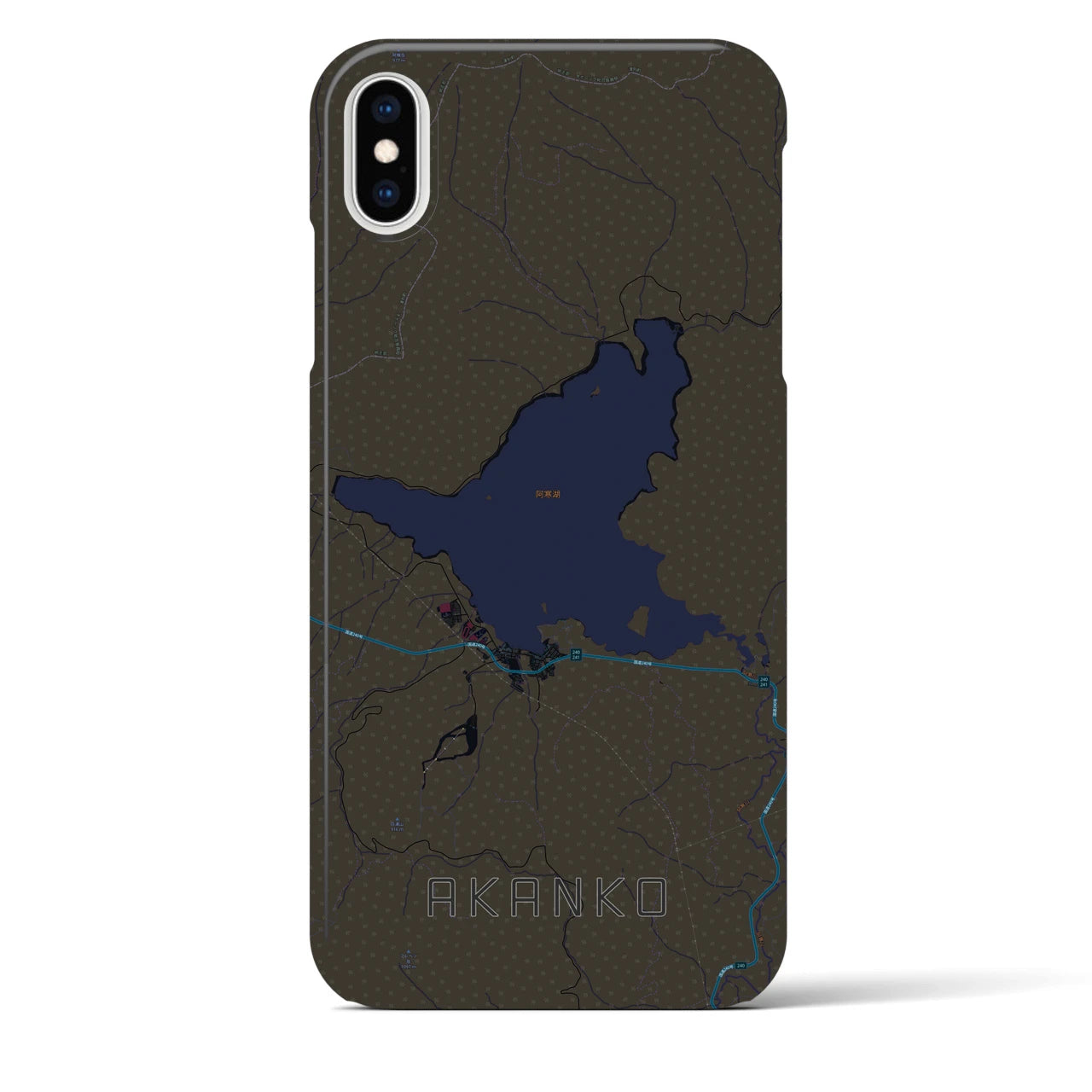 【阿寒湖】地図柄iPhoneケース（バックカバータイプ・ブラック）iPhone XS Max 用