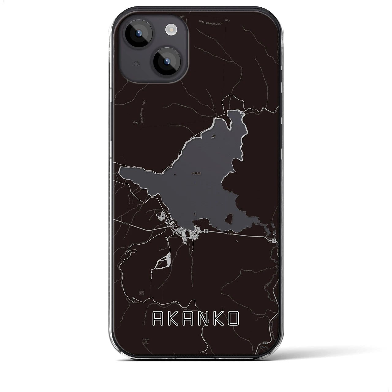 【阿寒湖】地図柄iPhoneケース（クリアタイプ・モノトーン）iPhone 14 Plus 用