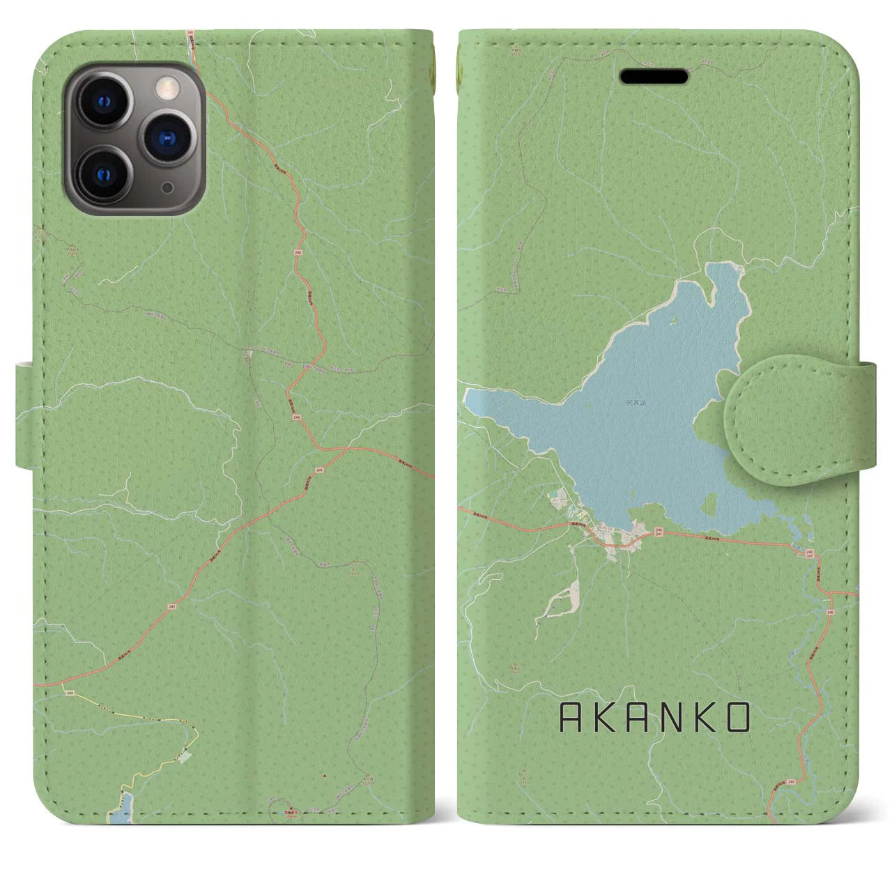 【阿寒湖】地図柄iPhoneケース（手帳両面タイプ・ナチュラル）iPhone 11 Pro Max 用