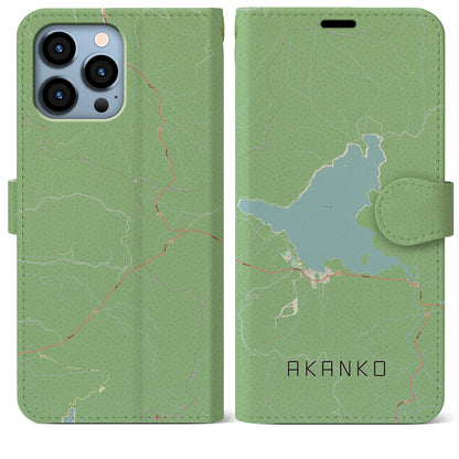 【阿寒湖（北海道）】地図柄iPhoneケース（手帳タイプ）ナチュラル・iPhone 13 Pro Max 用