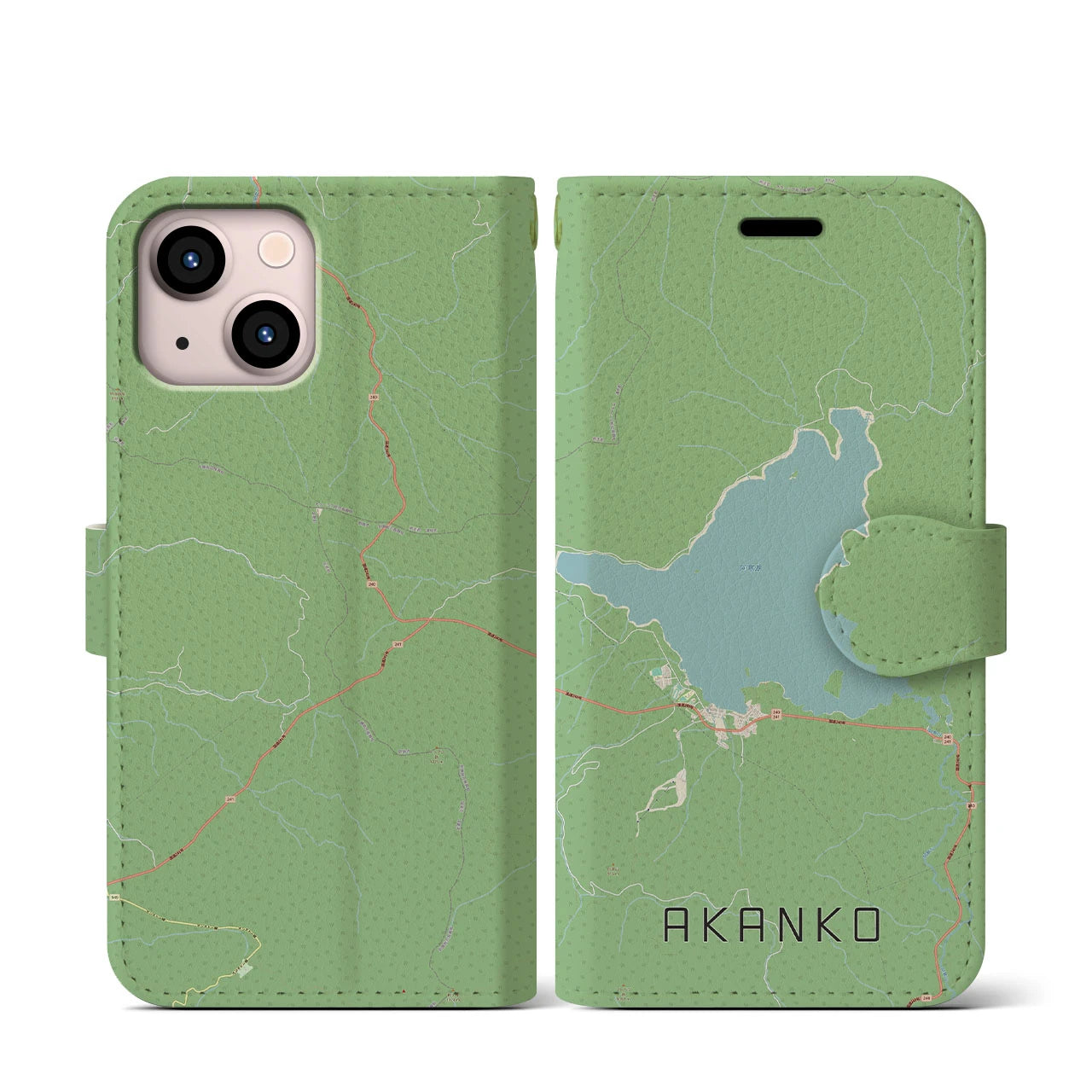 【阿寒湖】地図柄iPhoneケース（手帳両面タイプ・ナチュラル）iPhone 13 mini 用