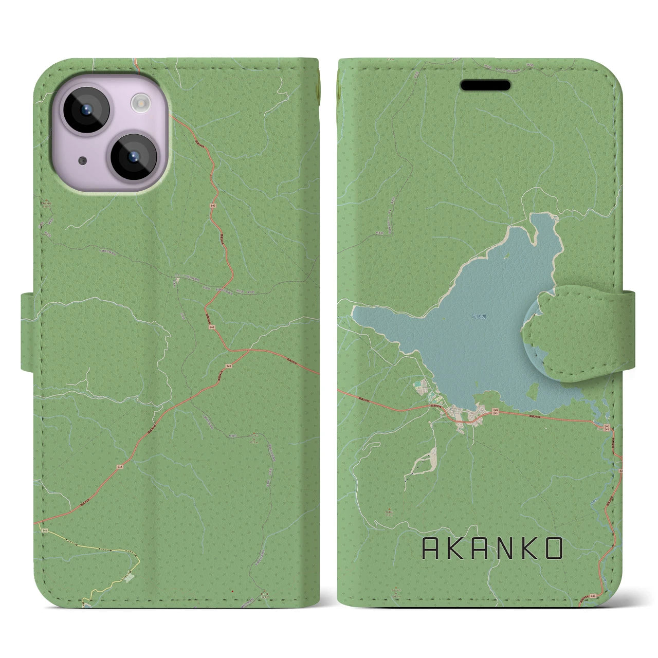 【阿寒湖】地図柄iPhoneケース（手帳両面タイプ・ナチュラル）iPhone 14 用