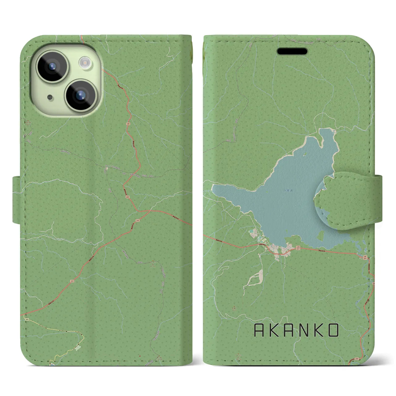【阿寒湖】地図柄iPhoneケース（手帳両面タイプ・ナチュラル）iPhone 15 用