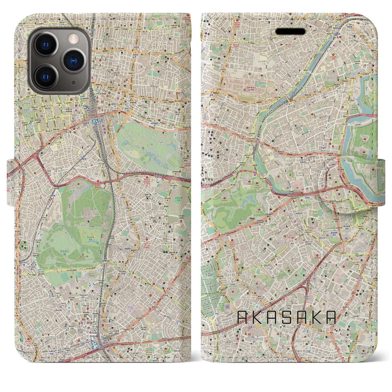 【赤坂】地図柄iPhoneケース（手帳両面タイプ・ナチュラル）iPhone 11 Pro Max 用