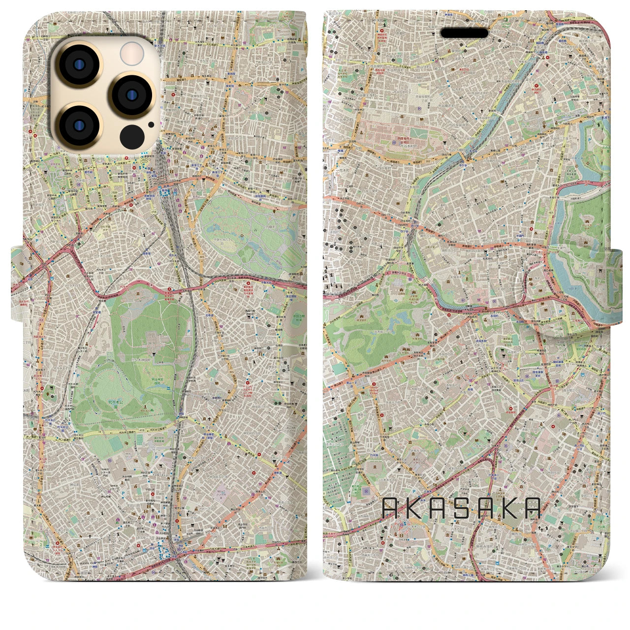 【赤坂】地図柄iPhoneケース（手帳両面タイプ・ナチュラル）iPhone 12 Pro Max 用