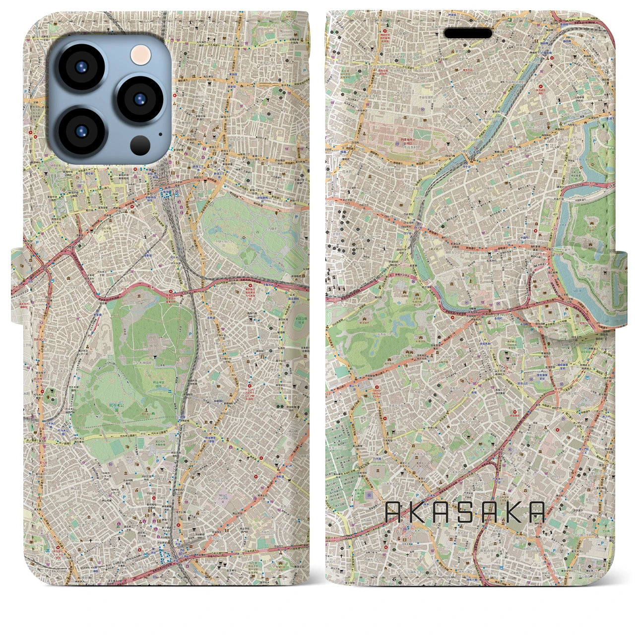 【赤坂】地図柄iPhoneケース（手帳両面タイプ・ナチュラル）iPhone 13 Pro Max 用