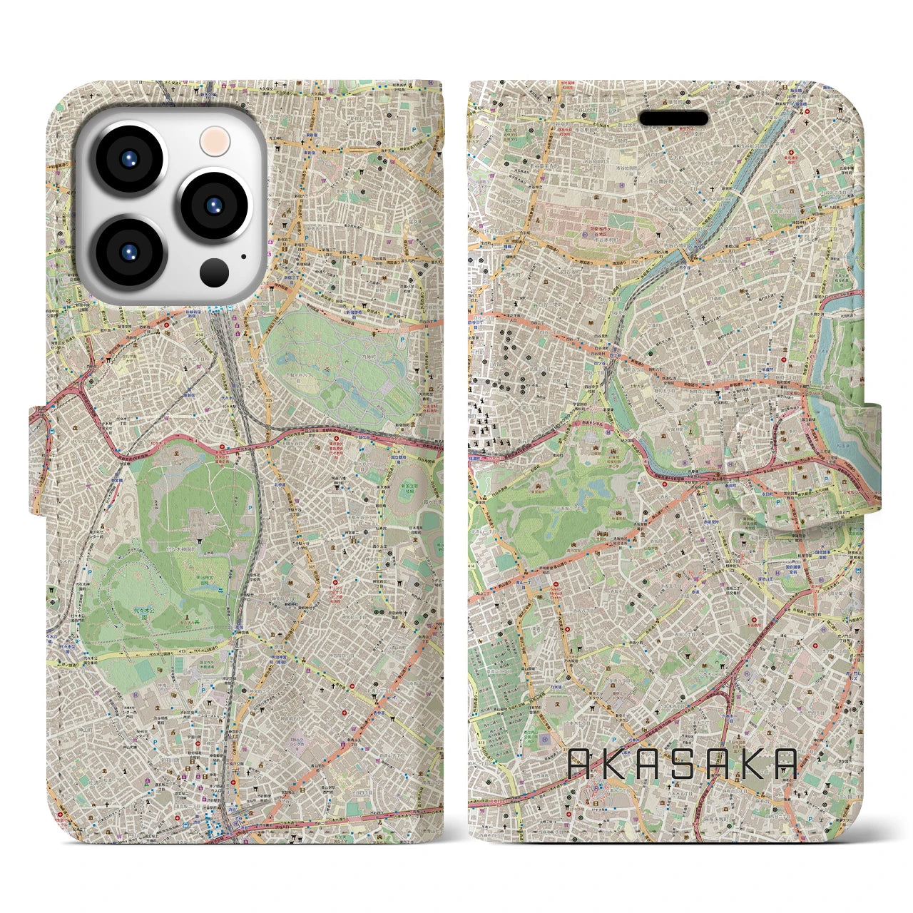 【赤坂】地図柄iPhoneケース（手帳両面タイプ・ナチュラル）iPhone 13 Pro 用