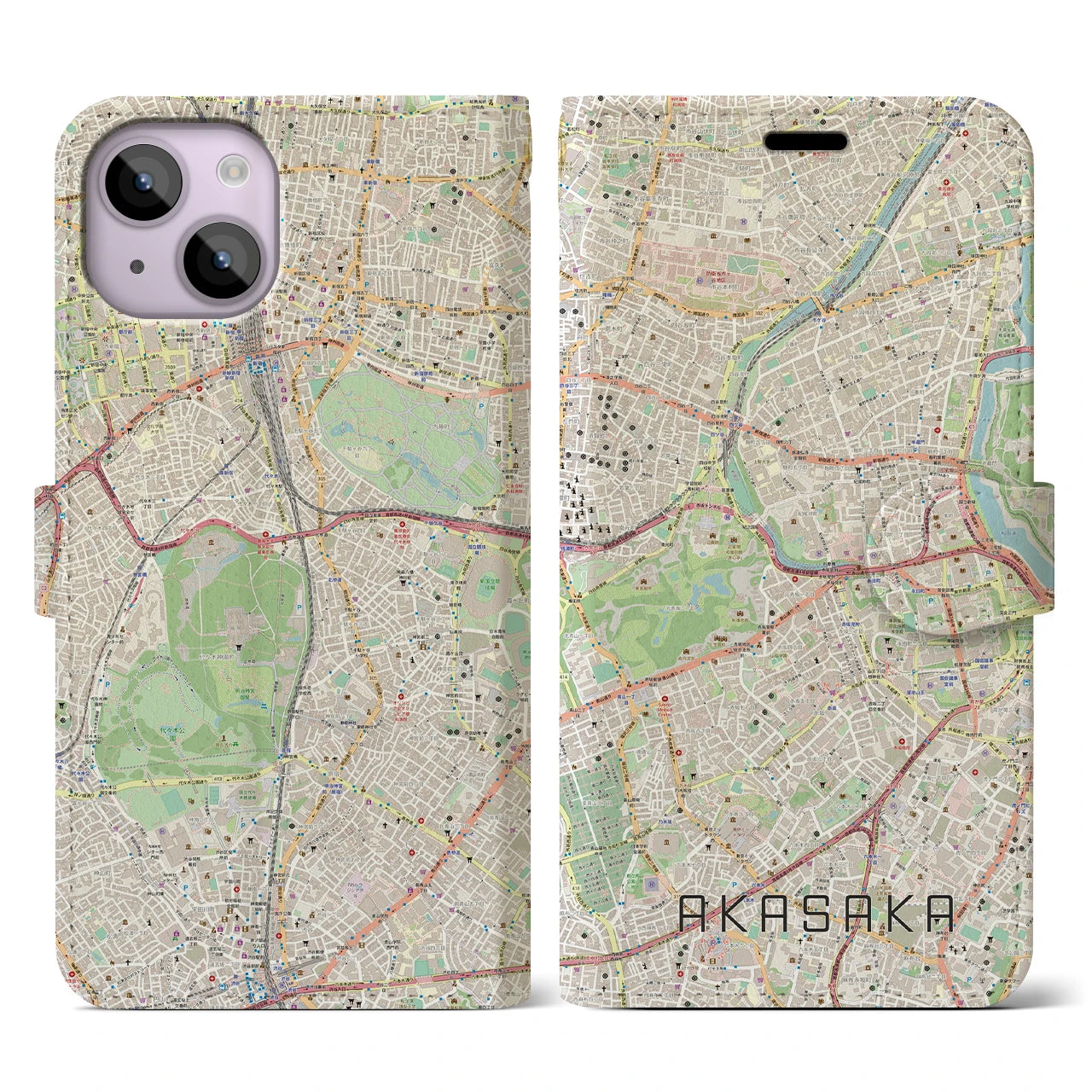 【赤坂】地図柄iPhoneケース（手帳両面タイプ・ナチュラル）iPhone 14 用