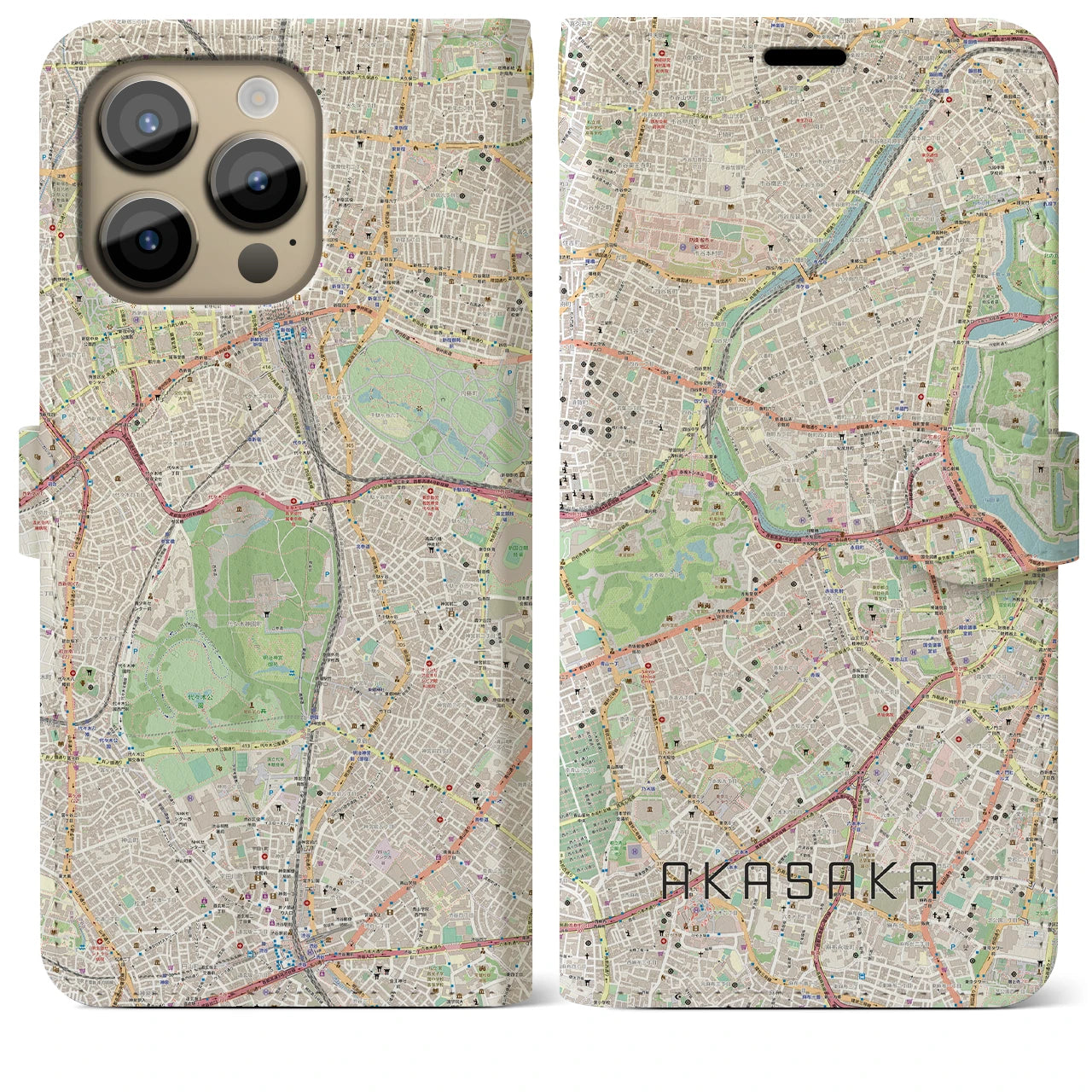 【赤坂】地図柄iPhoneケース（手帳両面タイプ・ナチュラル）iPhone 14 Pro Max 用