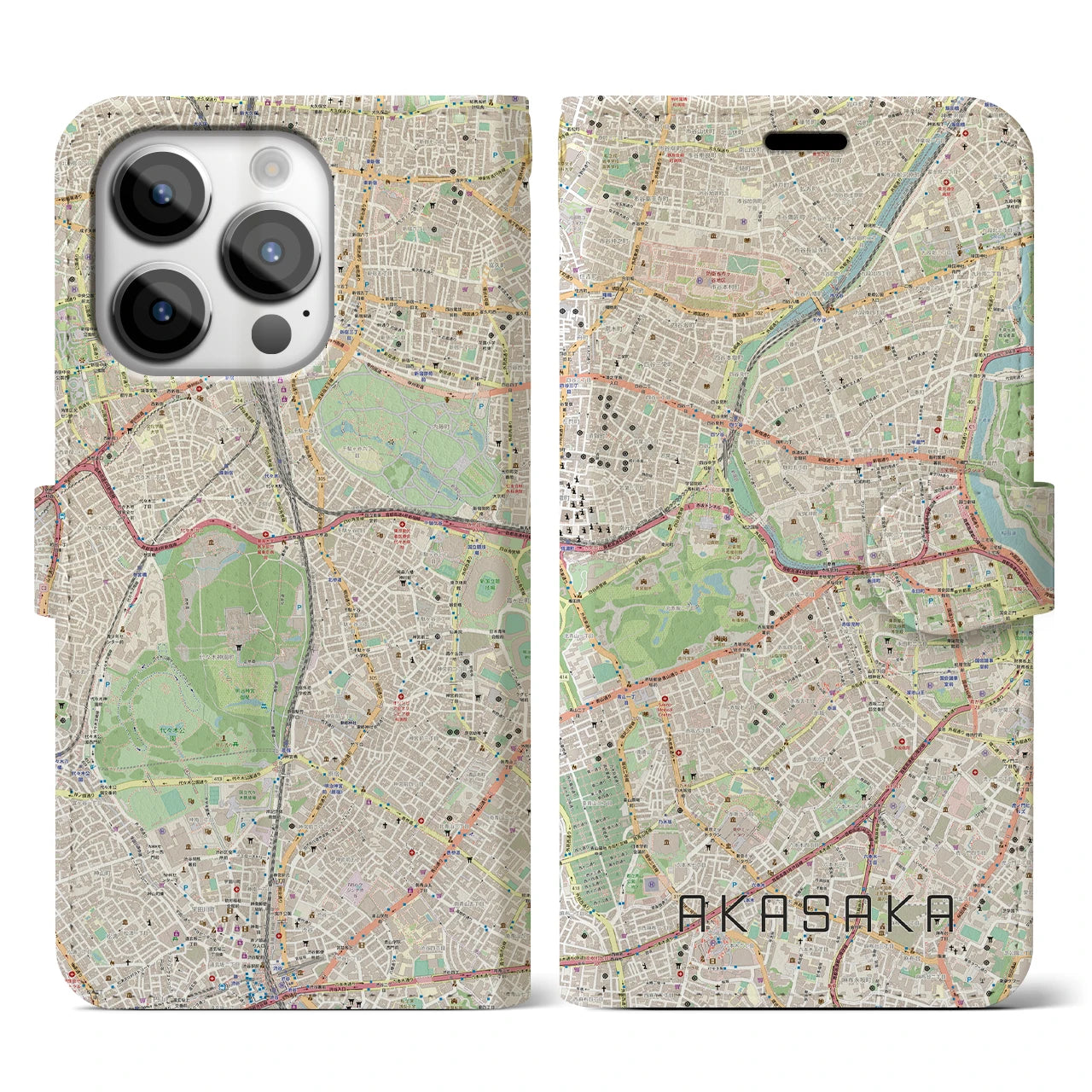 【赤坂】地図柄iPhoneケース（手帳両面タイプ・ナチュラル）iPhone 14 Pro 用