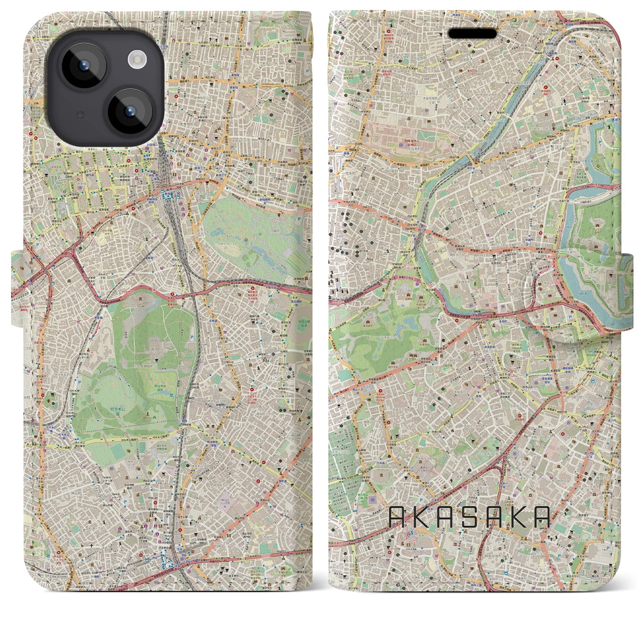 【赤坂】地図柄iPhoneケース（手帳両面タイプ・ナチュラル）iPhone 14 Plus 用