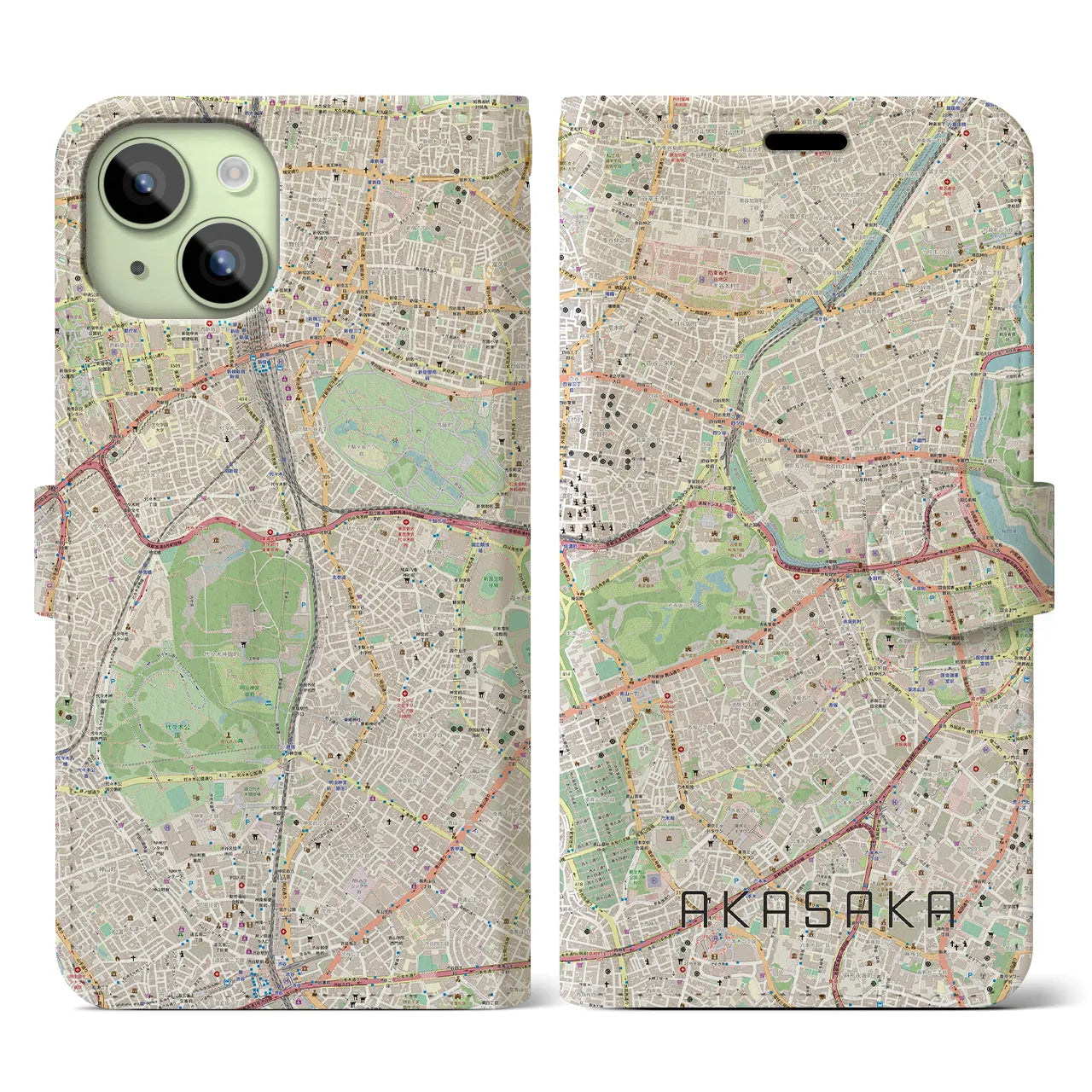 【赤坂】地図柄iPhoneケース（手帳両面タイプ・ナチュラル）iPhone 15 用