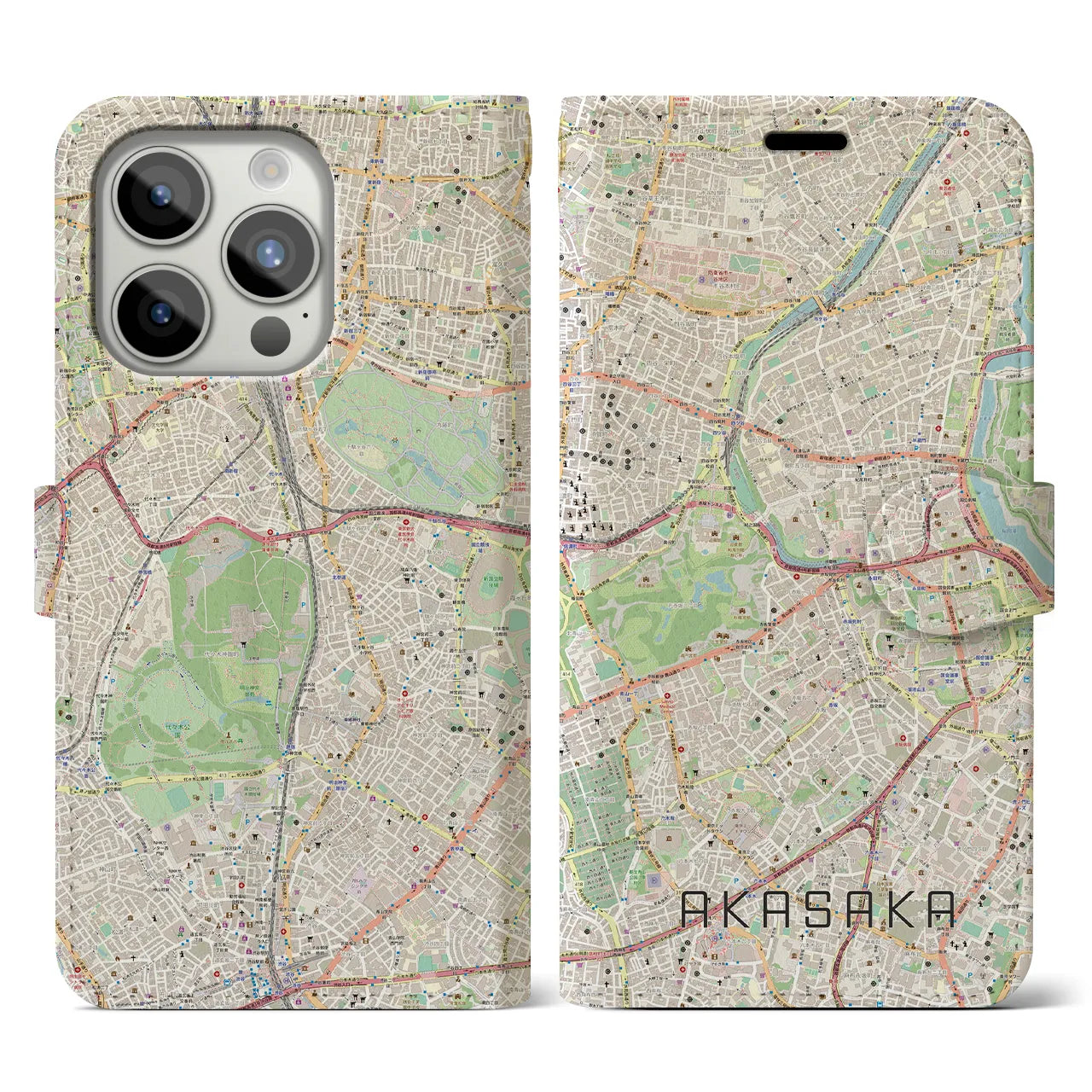 【赤坂】地図柄iPhoneケース（手帳両面タイプ・ナチュラル）iPhone 15 Pro 用